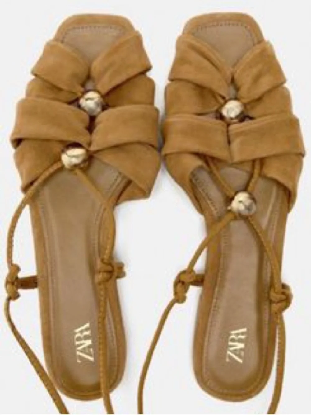 Zara Cognac Suede Gold Coastal Resort Beach Knotted Lace Tie Up Sandals- Size 41 - Picture 1 of 6